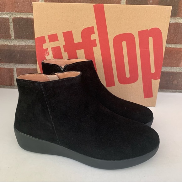 Fitflop Shoes - Fitflop Womens Sumi Black Suede Low Wedge Ergonomic Ankle Boots Shoes US 6 M NEW